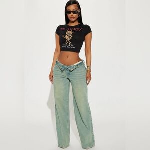 Fashion Nova Frankie Foldover Tinted Wide Leg Jeans Size M